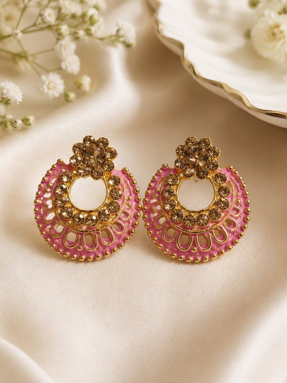 Gold Plated Chandbali Earrings Pink Enamel Crystal